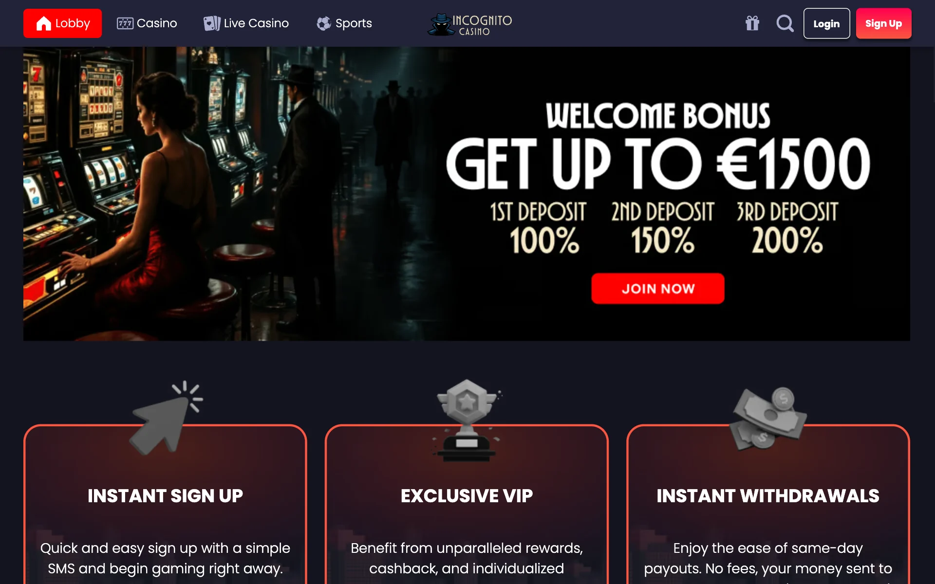 Incognito Casino home banner with the welcome package of up to 1,500 over three deposits