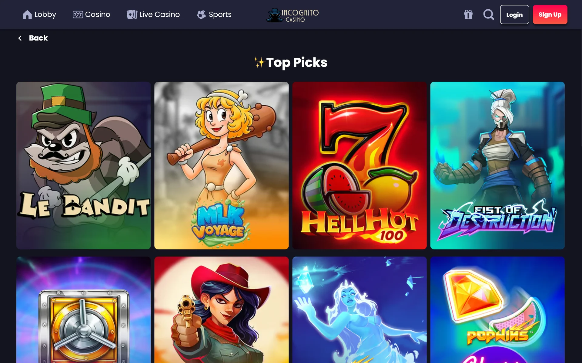 Incognito Casino slot lobby showing a full grid of Top Picks game tiles