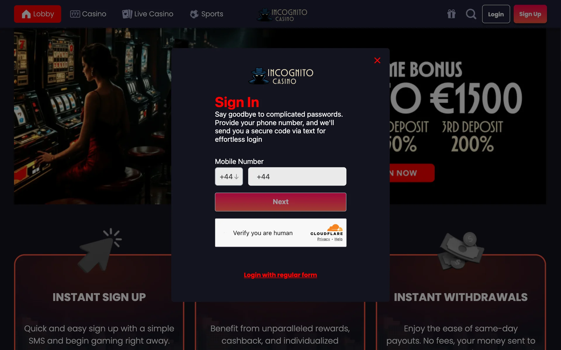 Incognito Casino sign-in window